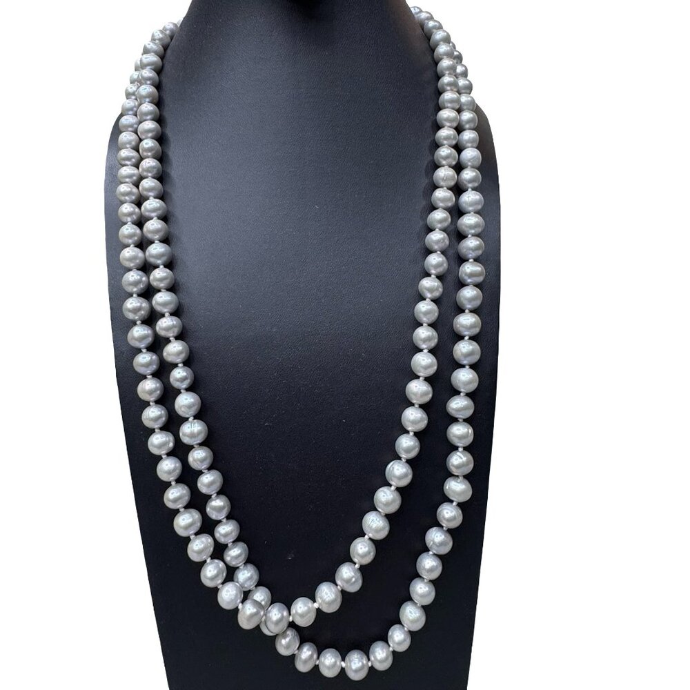Vintage Silver Gray Freshwater Pearl Necklace 14K Gold Ball Clasp 50" Long